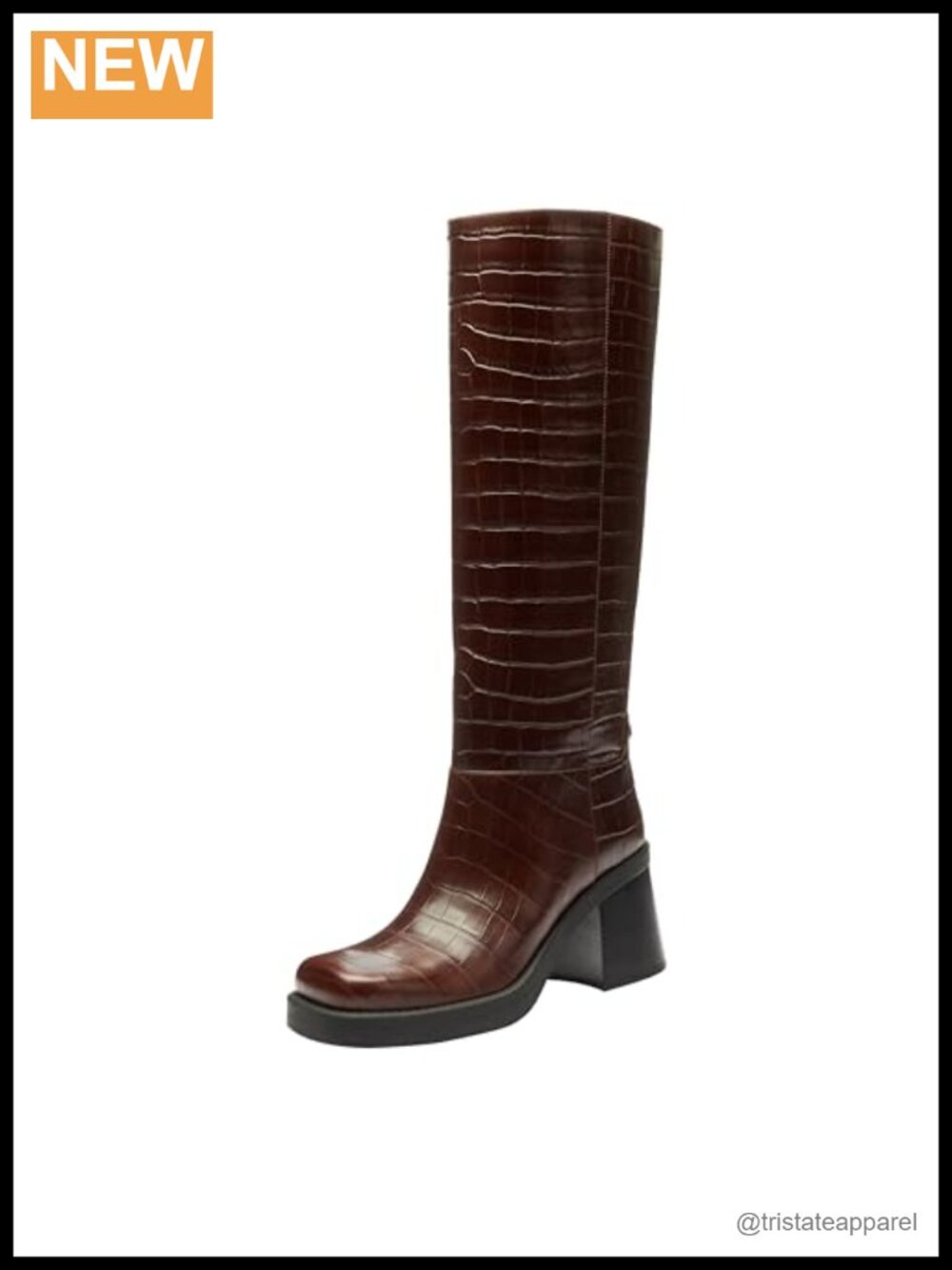 Embossed Croc Leather Pull-On Knee High Block Heel Boots Women Tall Shaft